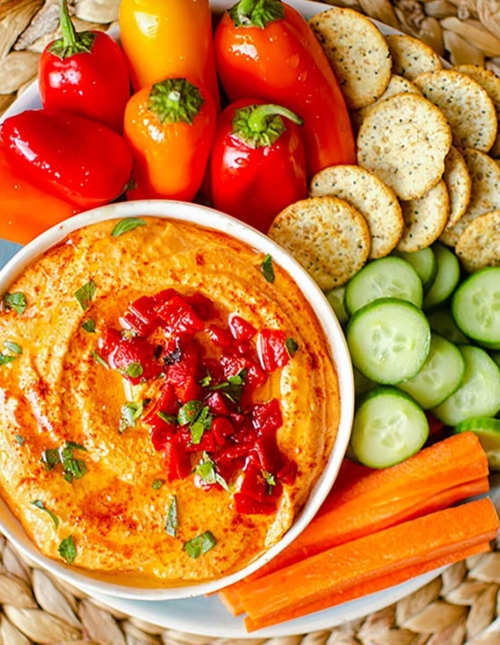 A platter with red pepper hummus, crudites and crackers.