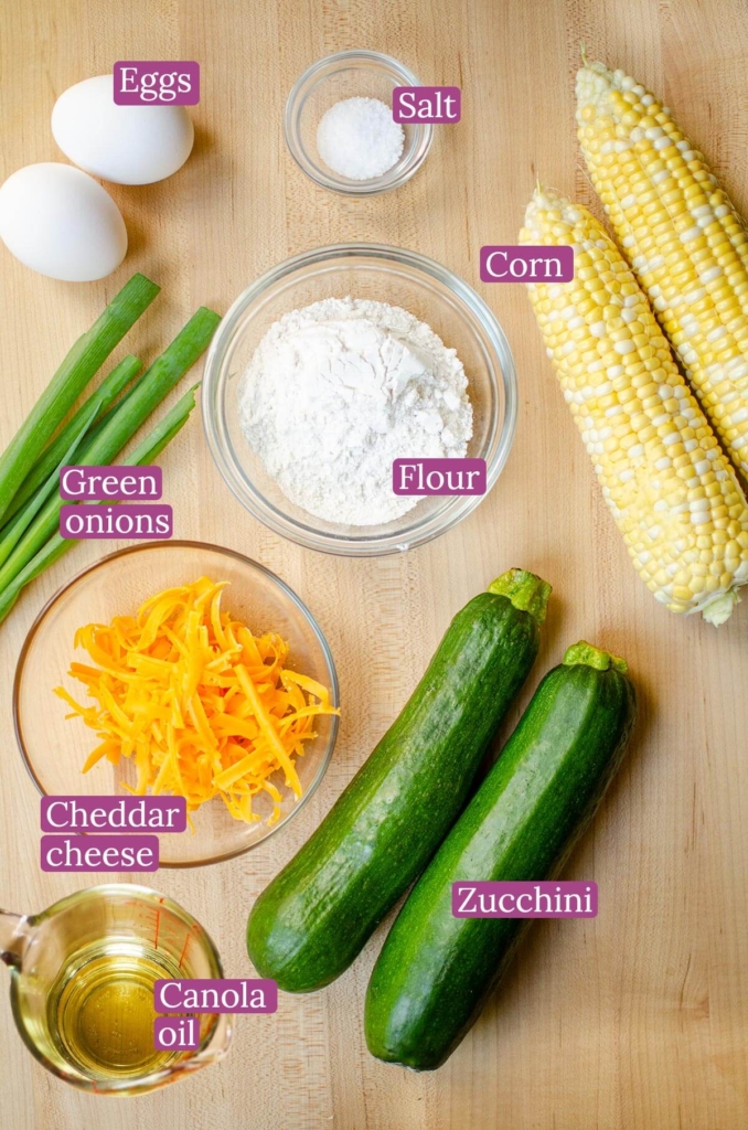 Ingredients for zucchini corn fritters.