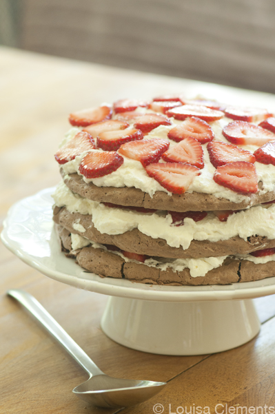 Chocolate pavlova on a cake stand