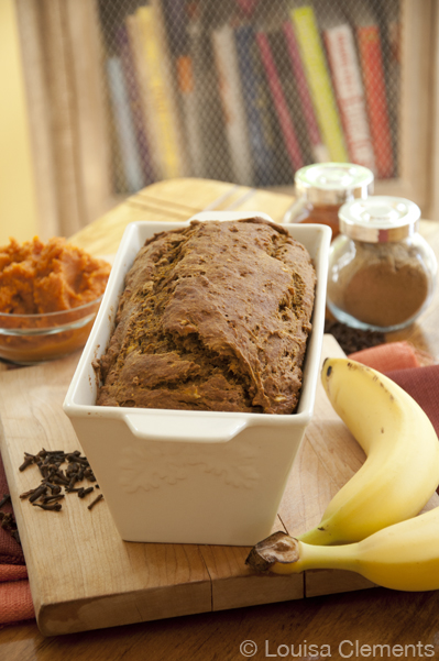 Pumpkin banana bread in a loaf pan