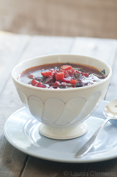 A white bowl filled with borscht