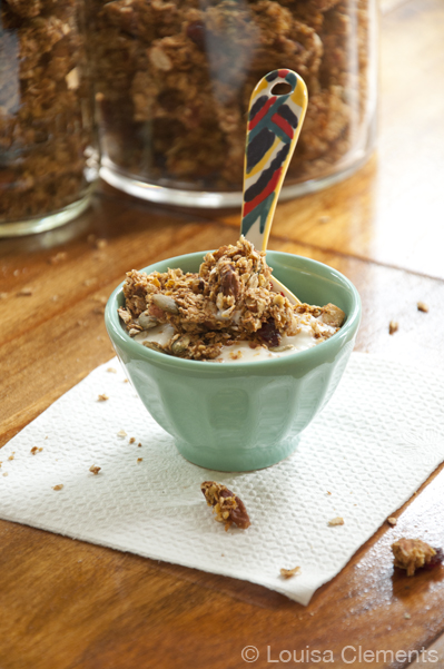 Yogurt in a bowl topped with pumpkin spice granola