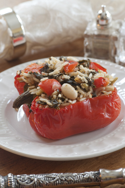 Stuffed pepper with Cookin' Greens and rice