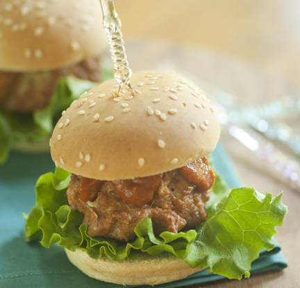 barbecue turkey meatball sliders with lettuce on a plate