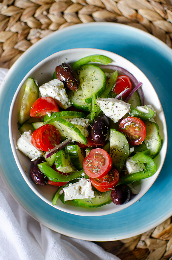 A serving bowl of Greek salad