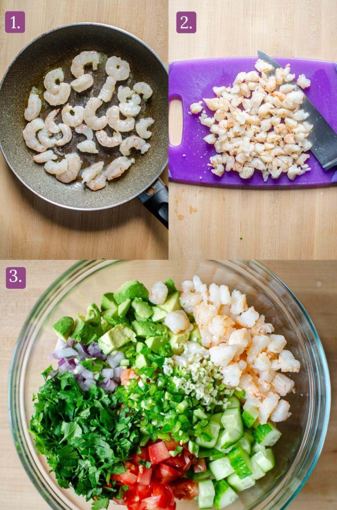 Photo of the three steps for making this recipe; cooking the shrimp in a pan, chopping it into bite sized pieces, and tossing all the ingredients together for the salsa.