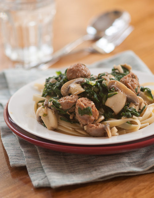 Sausage, mushroom & swiss chard pasta