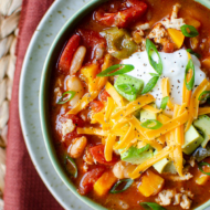 Closeup top down photo of turkey chili in a green bowl with sour cream, cheese and green onion on top.