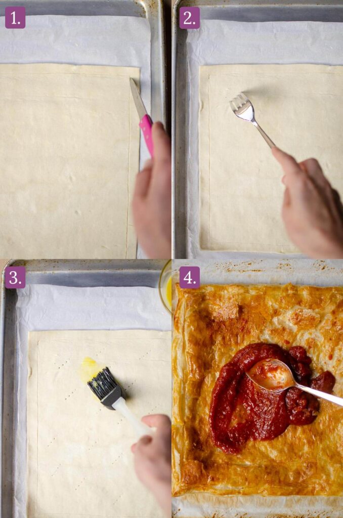 Four steps for making the recipe. 1: Scoring border around the pastry. 2. Poking holes in the pastry. 3. Brushing with egg wash and blind baking. 4. Adding with pizza sauce and toppings.