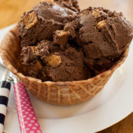 Peanut Butter Chocolate Ice Cream in a waffle bowl
