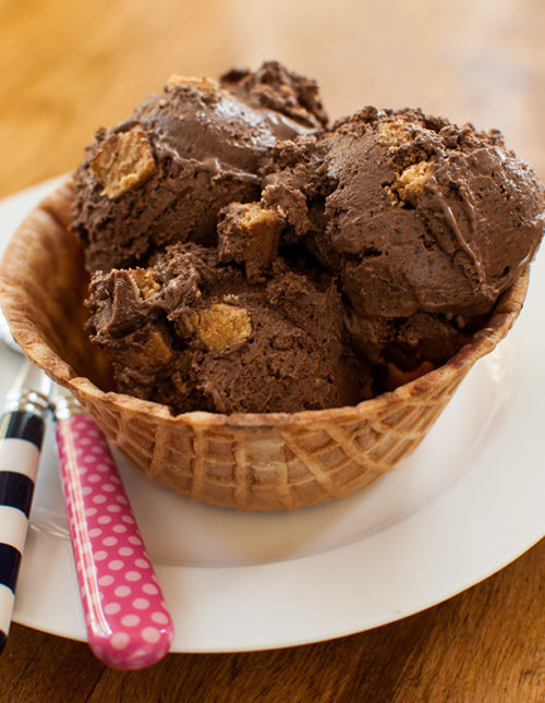 Peanut Butter Chocolate Ice Cream in a waffle bowl