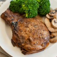 Sage and Balsamic Glazed Pork Chops with broccoli and mushrooms
