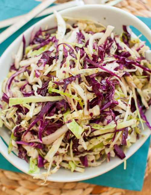 Coleslaw with Italian dressing made with red and green cabbage in a bowl