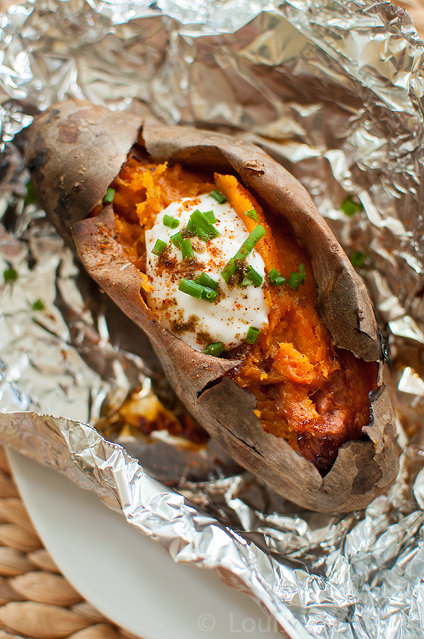 baked sweet potatoes on the barbecue