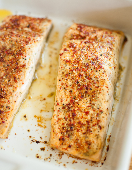 peri-peri and walnut mustard salmon