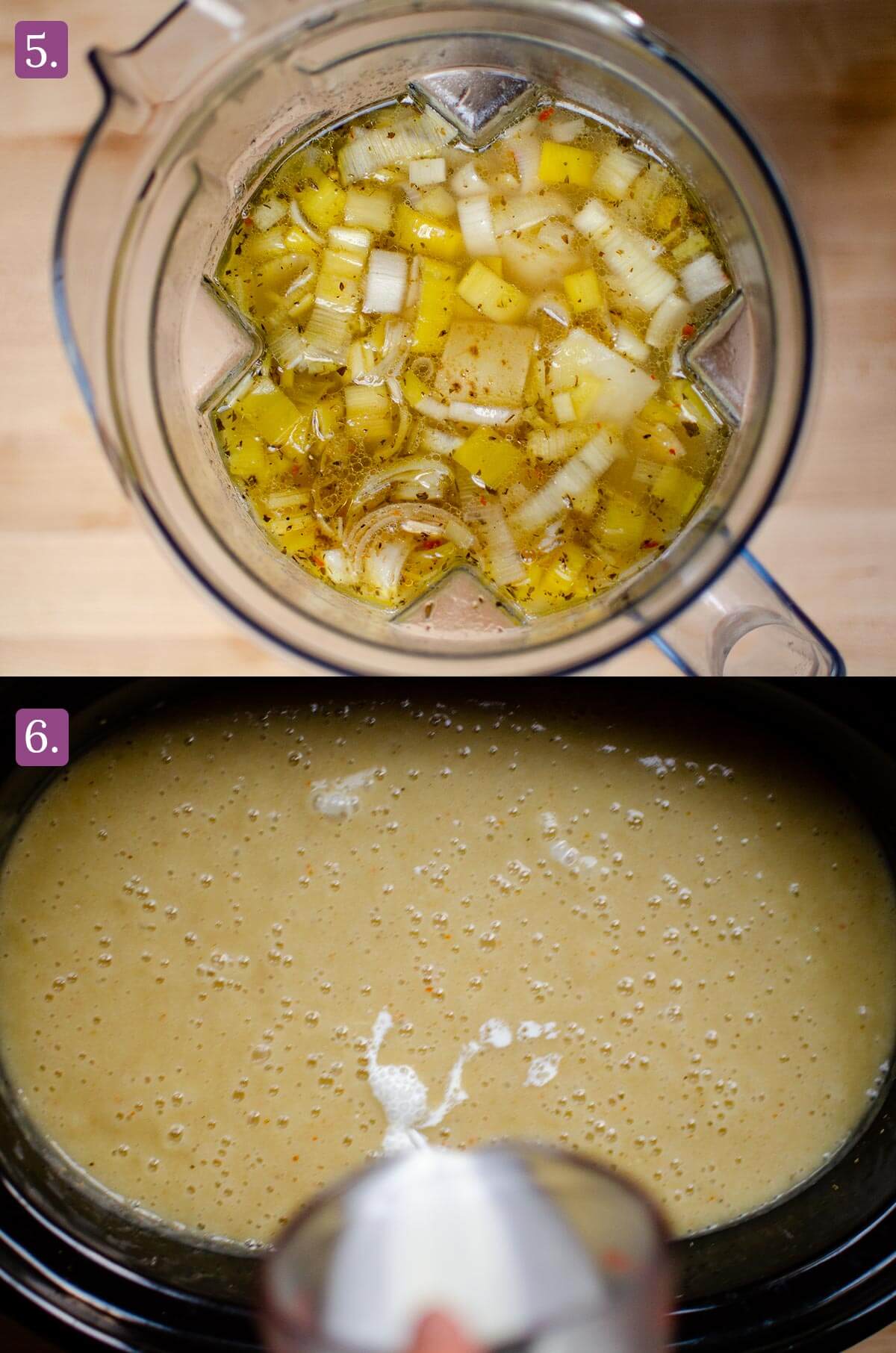 Photo of soup in a blender and in the crock pot with cream being poured in.