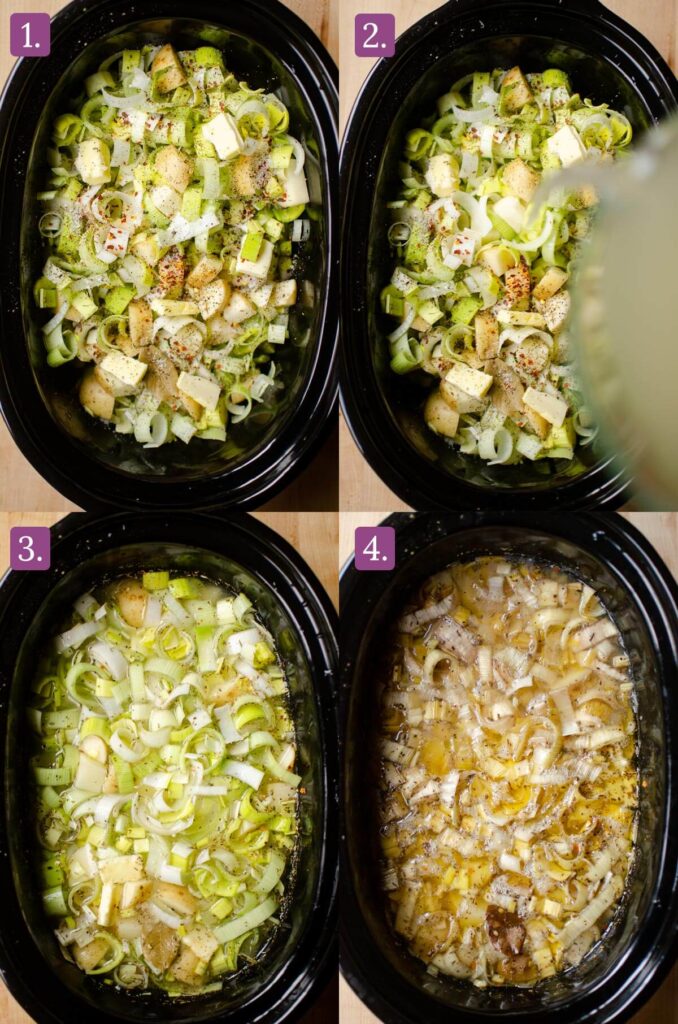 Grid of four photos showing steps for adding ingredients to a black slow cooker.