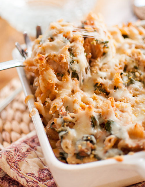 cheesy kale and sausage baked pasta