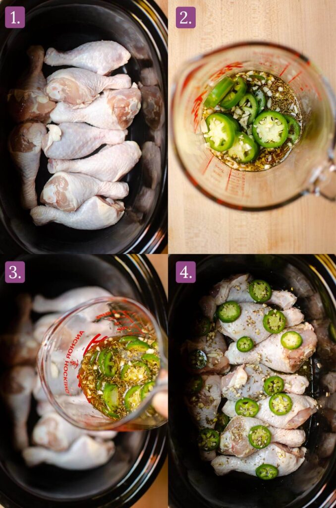 First four steps for making the drumsticks, adding them to the slow cooker, and pouring the liquid overtop.