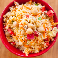 Moroccan Couscous and Chickpea Salad in a red bowl