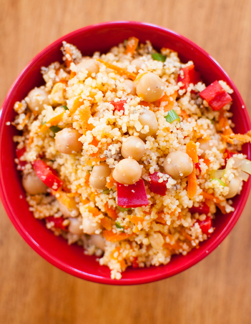 Moroccan Couscous and Chickpea Salad in a red bowl