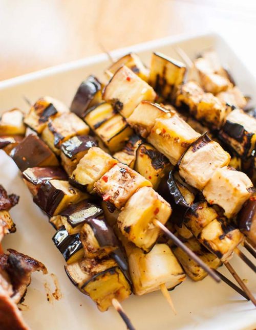 Grilled eggplant skewers are a great vegetarian barbecue option. via livinglou.com
