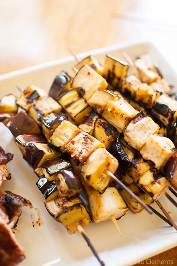 Grilled eggplant skewers are a great vegetarian barbecue option. via livinglou.com