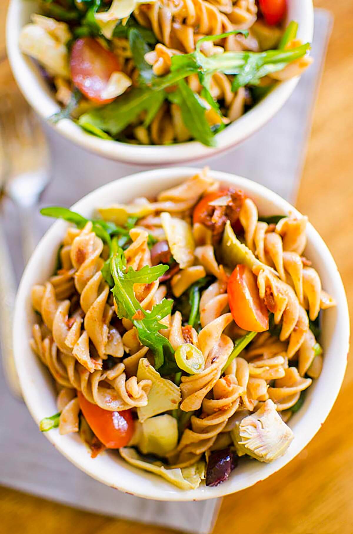 Closeup of a bowl of pasta salad