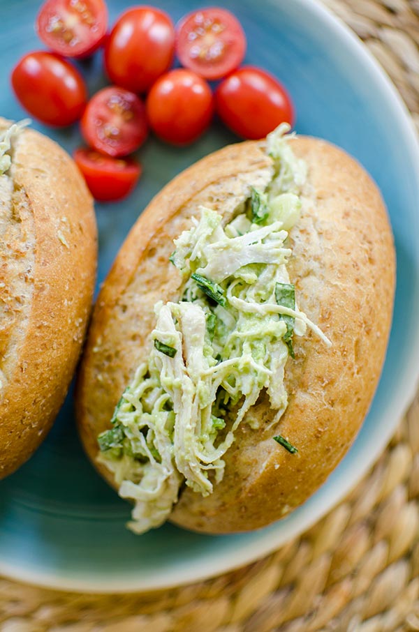 Avocado chicken salad uses avocado instead of mayonnaise for a lighter chicken salad with tons of fresh basil. | livinglou.com