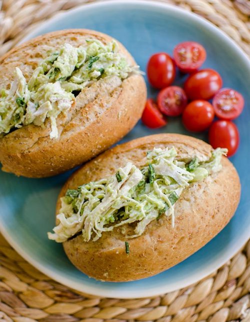 Avocado chicken salad uses avocado instead of mayonnaise for a lighter chicken salad with tons of fresh basil. | livinglou.com