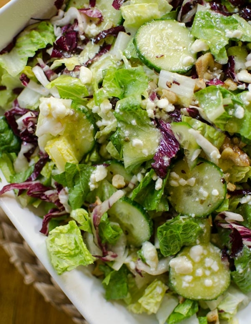 Chopped salad with romaine, radicchio, cucumber, walnuts and a light blue cheese vinaigrette. | livinglou.com