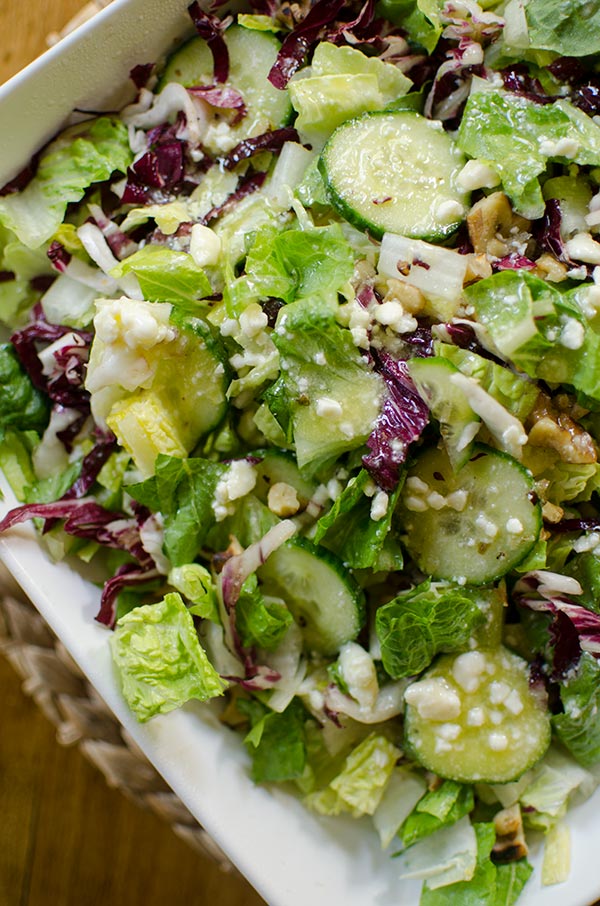 Chopped salad with romaine, radicchio, cucumber, walnuts and a light blue cheese vinaigrette. | livinglou.com