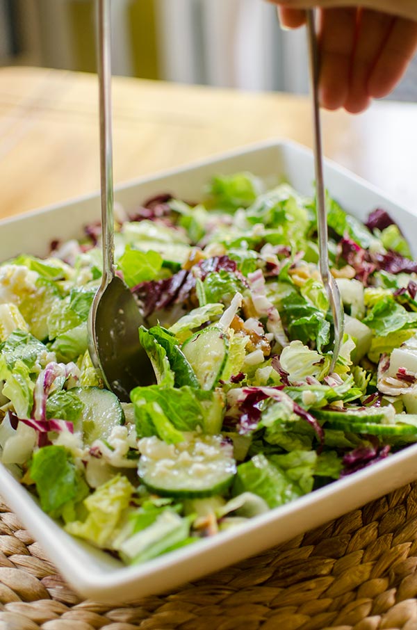 Chopped salad with romaine, radicchio, cucumber, walnuts and a light blue cheese vinaigrette. | livinglou.com