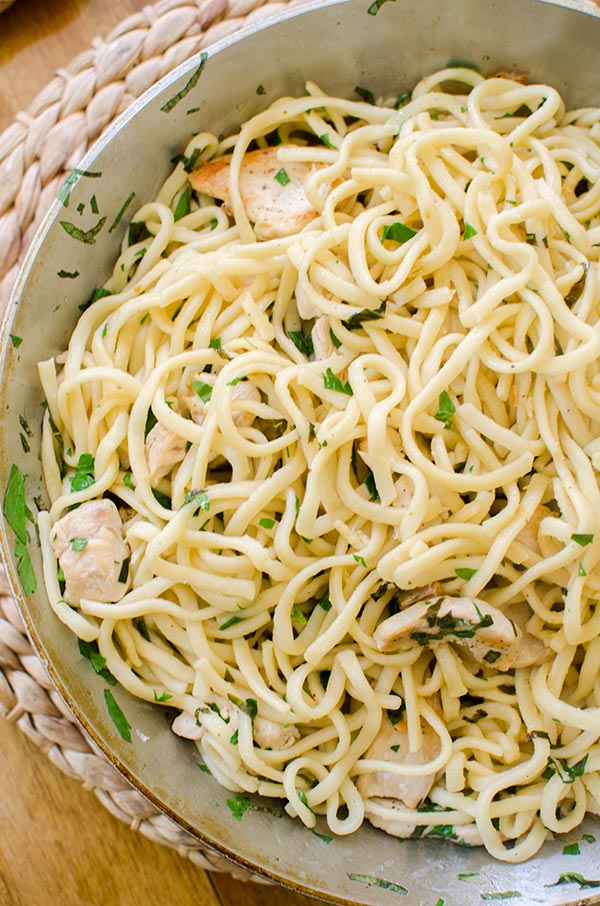 A quick dinner recipe for pasta with chicken and fresh herbs. | livinglou.com