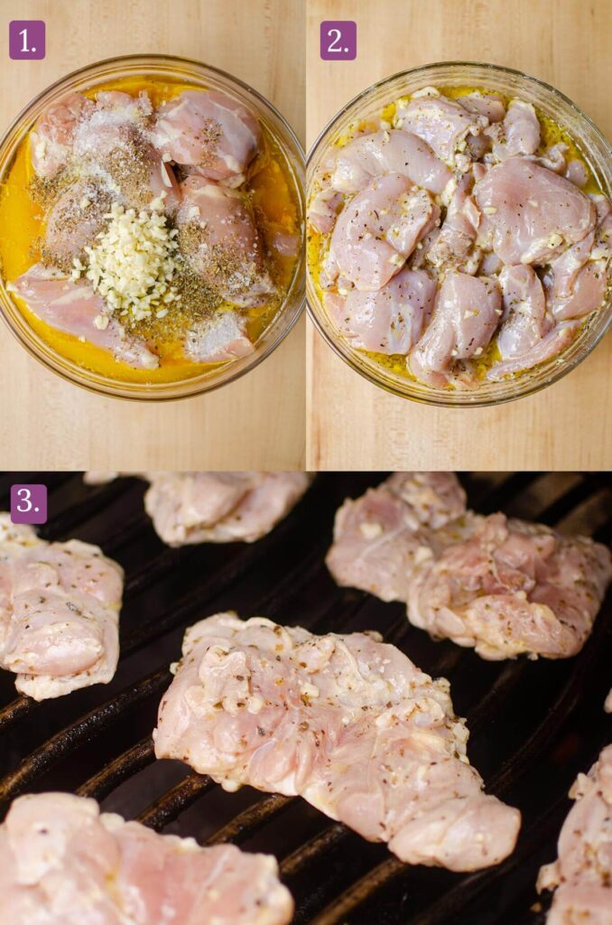 Three steps for making chicken including marinating in a glass bowl, and grilling on a barbecue.