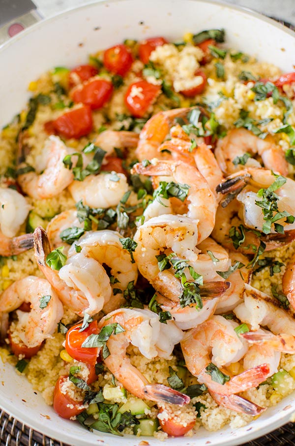 One-pot couscous with shrimp, corn and zucchini. | livinglou.com