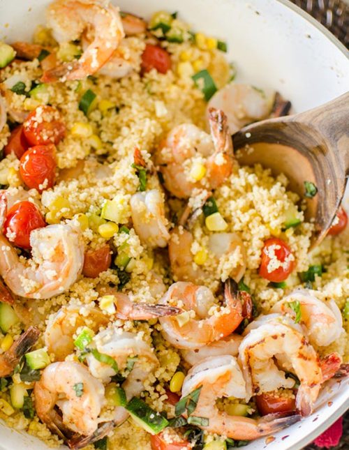 One-pot couscous with shrimp, corn and zucchini. | livinglou.com
