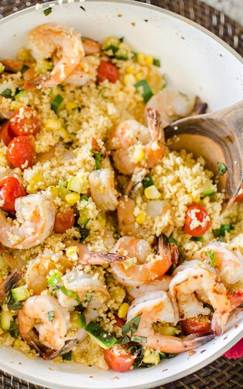 One-pot couscous with shrimp, corn and zucchini. | livinglou.com