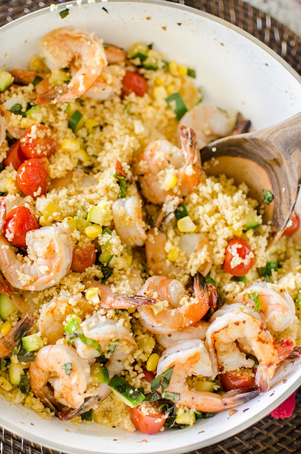 One pan couscous with shrimp, corn and zucchini. | livinglou.com