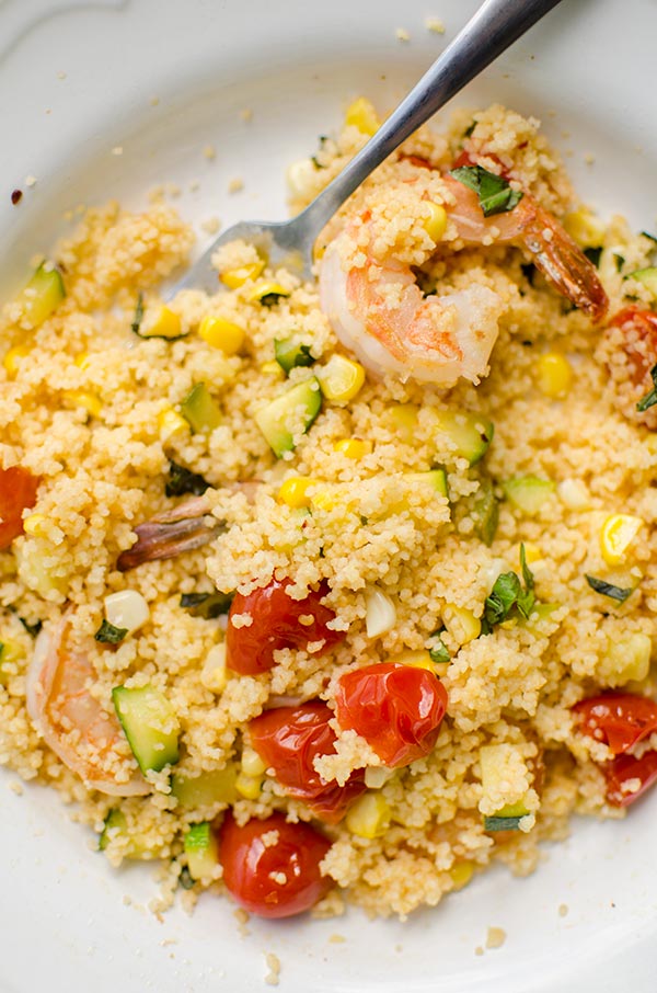 One-pot couscous with shrimp, corn and zucchini. | livinglou.com