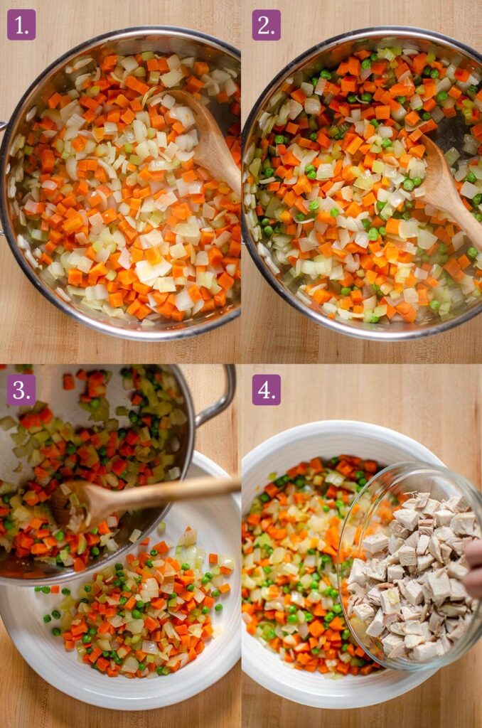 Step by step instructions for making the filling for the pot pie.