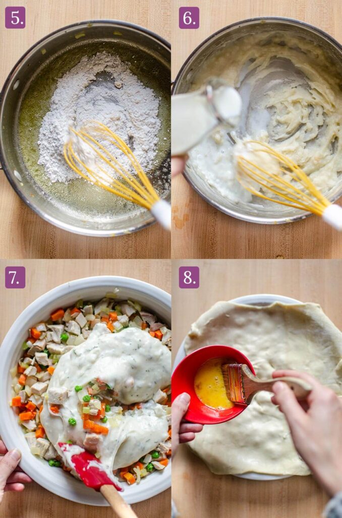 Steps for making the roux and white sauce for pot pie filling.