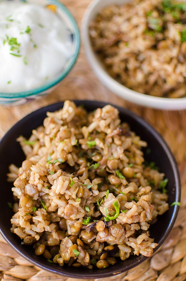 A take on the Middle Eastern dish mujaddara with brown rice, lentils and onions. | livinglou.com