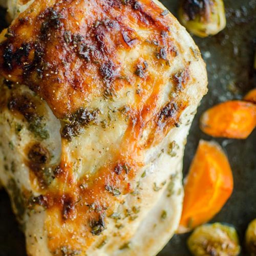 One pan roast turkey breast with Brussels sprouts and carrots is the perfect Thanksgiving dinner for a small crowd. | livinglou.com