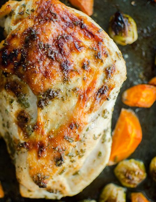 One pan roast turkey breast with Brussels sprouts and carrots is the perfect Thanksgiving dinner for a small crowd. | livinglou.com