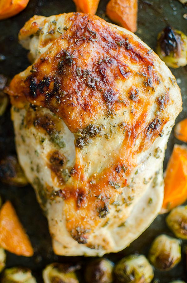 One pan roast turkey breast with Brussels sprouts and carrots is the perfect Thanksgiving dinner for a small crowd. | livinglou.com