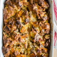 Serve the ultimate holiday brunch with this no-fuss and simple recipe for overnight smoked cheddar, bacon and mushroom strata. | livinglou.com