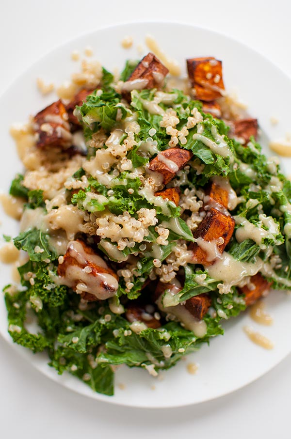 Sweet potato, kale and quinoa salad with tahini dressing is the perfect healthy winter salad. | livinglou.com