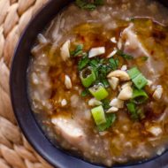 Make slow cooker brown rice chicken congee for the perfect comfort food this winter, loaded with fresh ginger. | livinglou.com