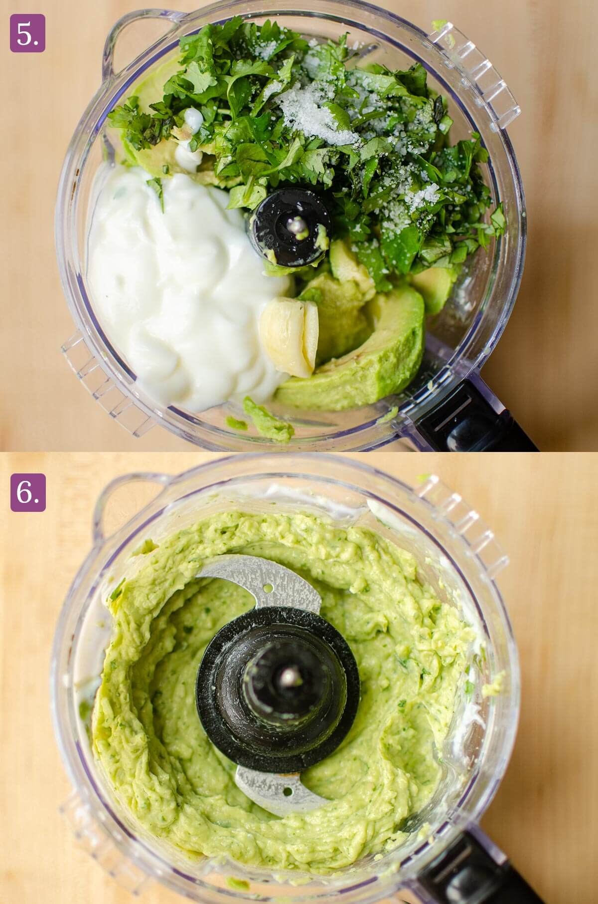 Steps for making avocado crema in a mini food processor.